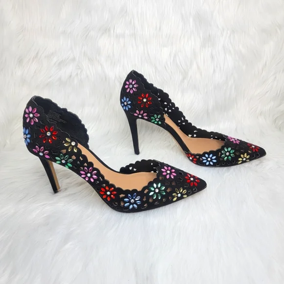 INC International Concepts black pumps pointed toe multi colored floral heels. - Picture 1 of 9